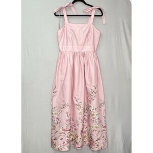 Joie Powder Pink Floral Midi Dress Tie Straps Sz L Soft Girl Cottagecore Smocked